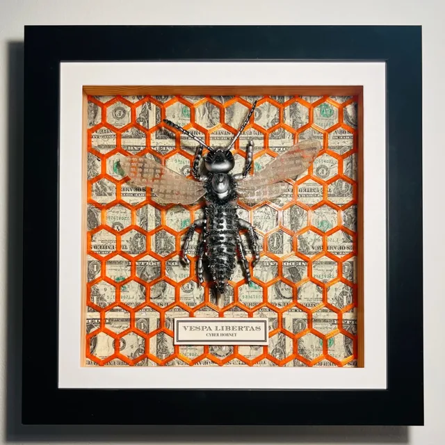 Vespa Libertas ? A framed cyber hornet against an orange honeycomb and dollar-bill backdrop.