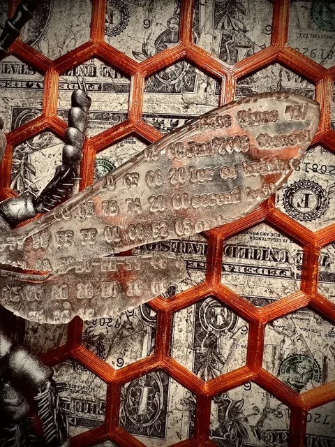 A close view of the translucent wings and their raised lettering.